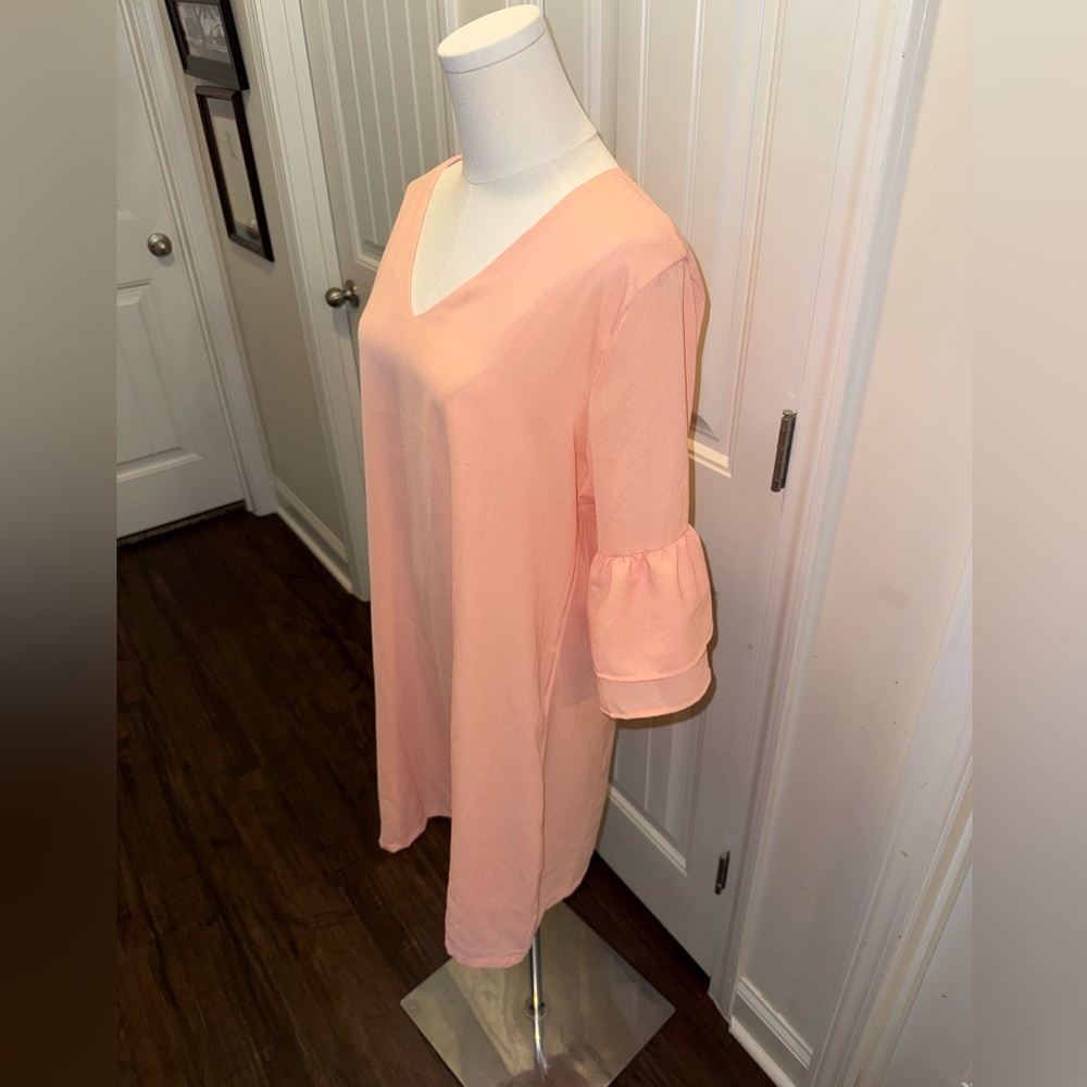 Peach V-Neck Ruffle Sleeve Dress - Picture 2 of 12
